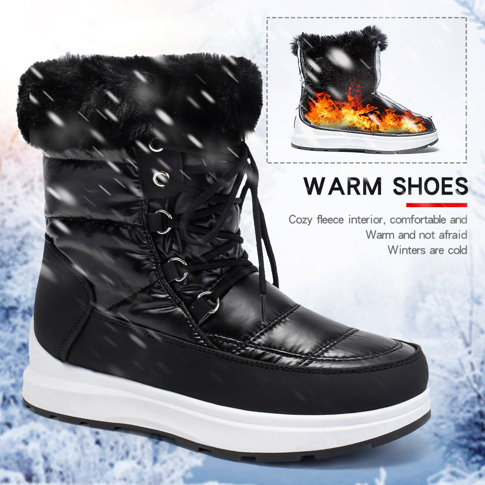 Fur Collar High Tube Warm Women's Snow Boots Lace-up Waterproof Shoes