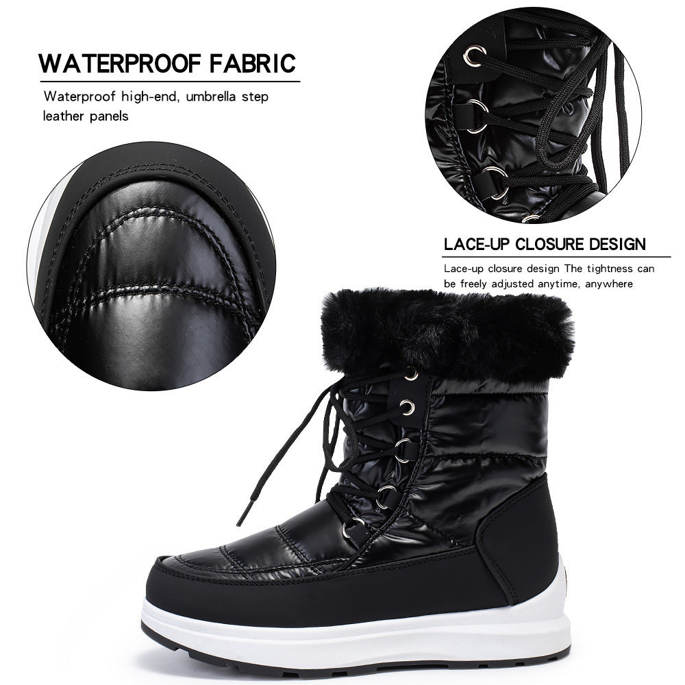 Fur Collar High Tube Warm Women's Snow Boots Lace-up Waterproof Shoes