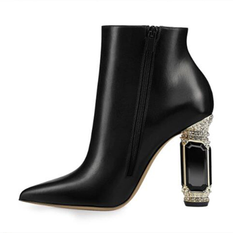 Luxury Rhinestone Gemstone Heel Women Side Zip Short Boots