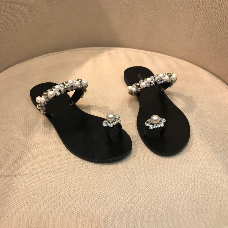 Flip-toe Flat Slippers Women's Rhinestone Pearl Strap Outdoor Sandals