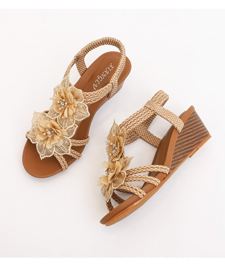 Sandalias de vacaciones con flores retro para mujer Zapatos de mujer de talla grande