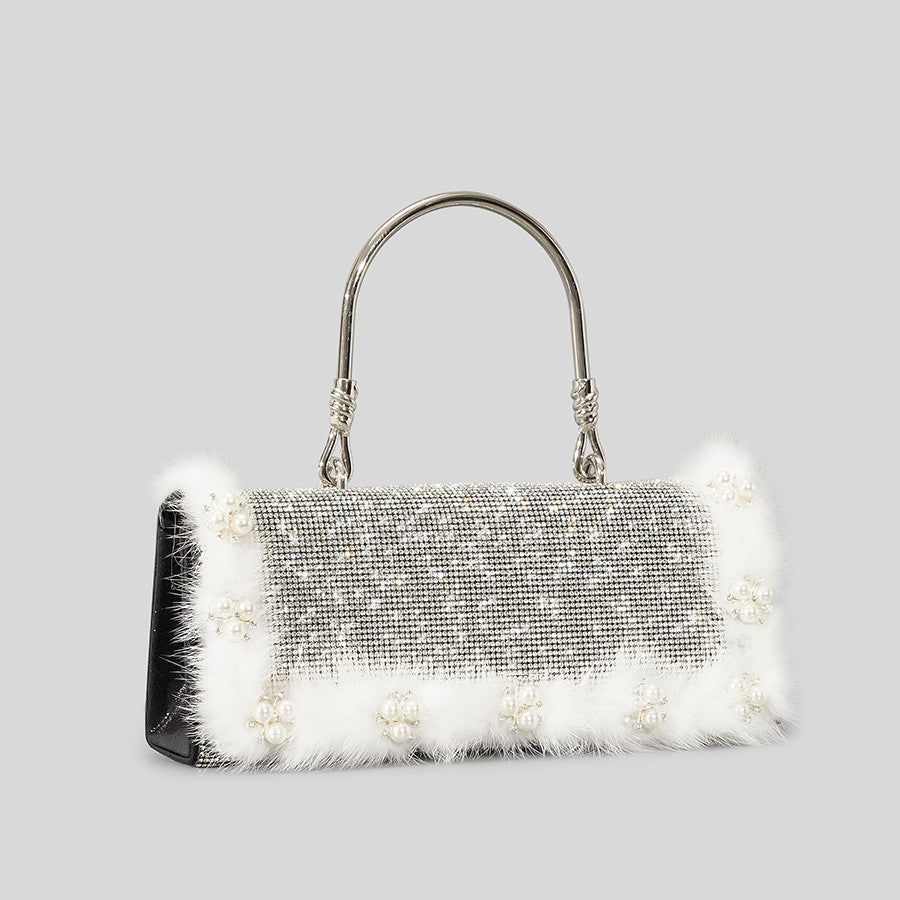 Ostrich Fur Pearl Rhinestone Bag Women's New