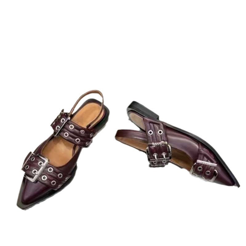 Pointed Toe Belt Buckle Mules Leather Flat Sandals