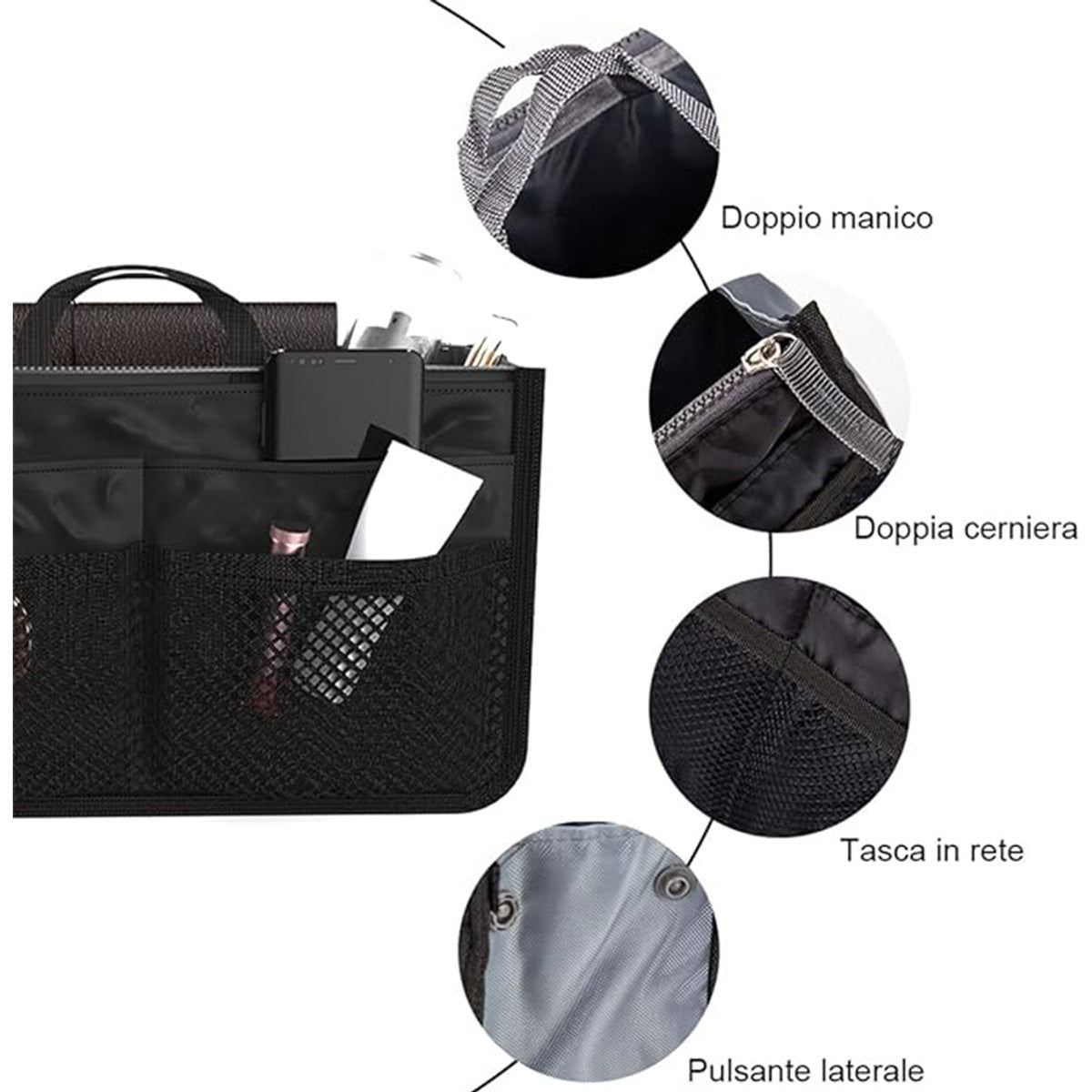 Organizador de bolsos para mujer con 13 bolsillos, gran capacidad, forro, cremallera, asa, bolso de mano portátil para mujer, documentos de viaje, tarjetas, artículos pequeños