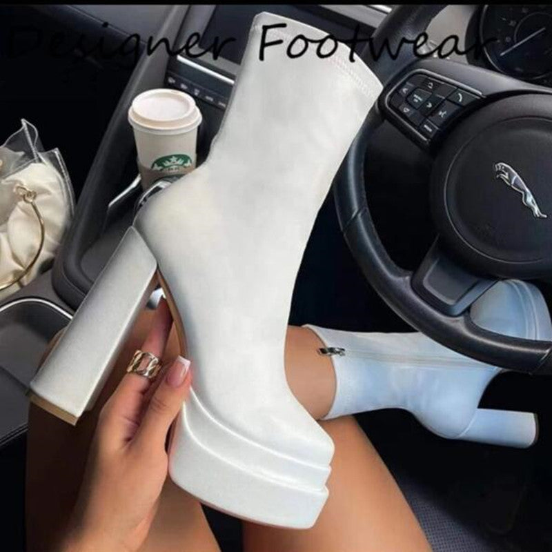 Women's Round Head Thick High Heel Medium Boots