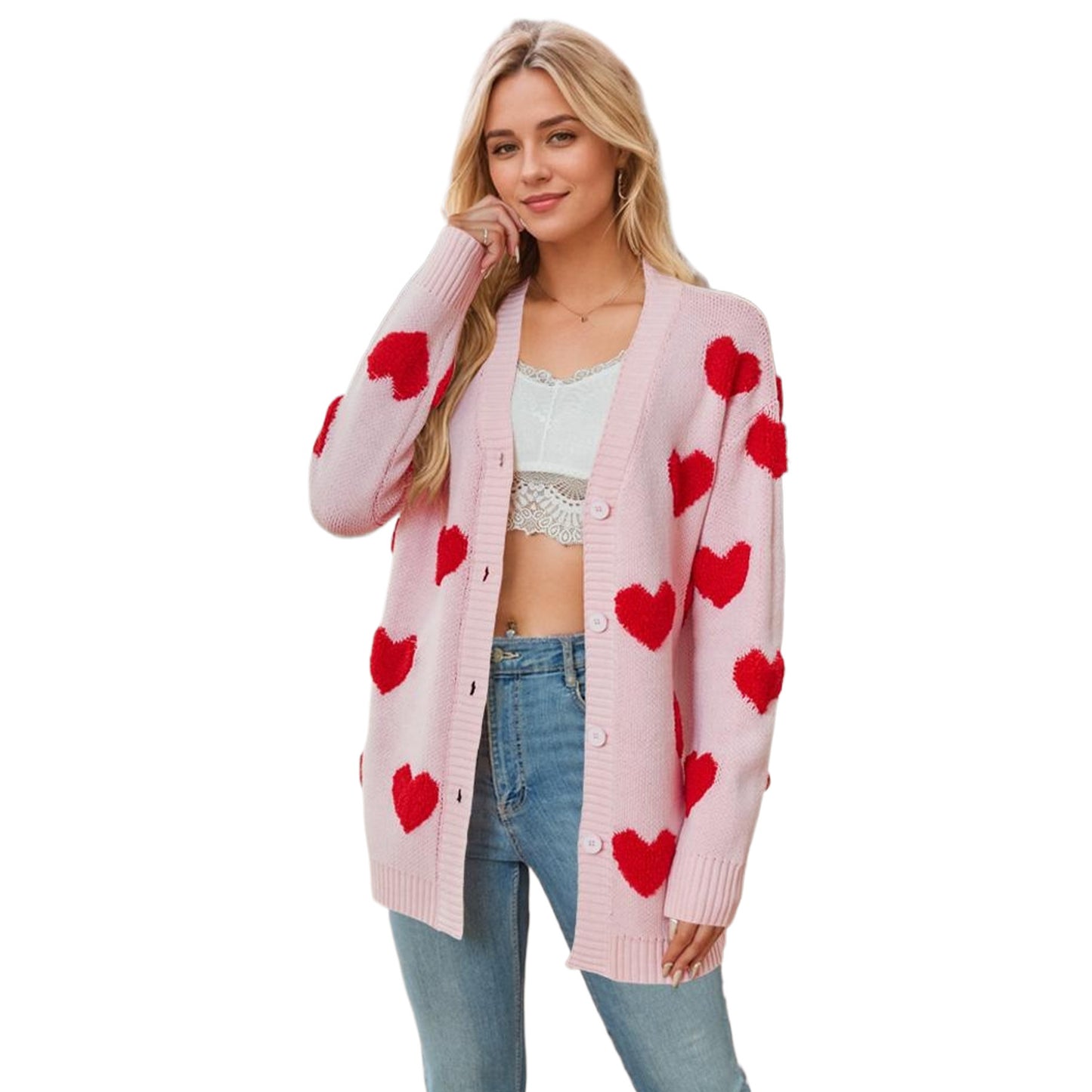 Cardigan tricoté en forme de cœur avec col en V et boutons, manteau mi-long pour femme