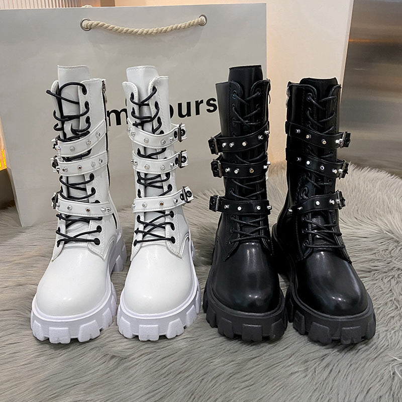 Botas de caña media estilo punk con hebilla, cordones y cremallera lateral para mujer