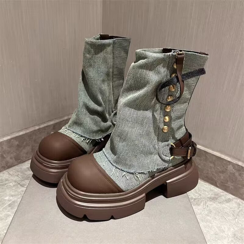 Women's Shoes Denim Metal Buckle Ankle Boots Round Head Thick Bottom Casual