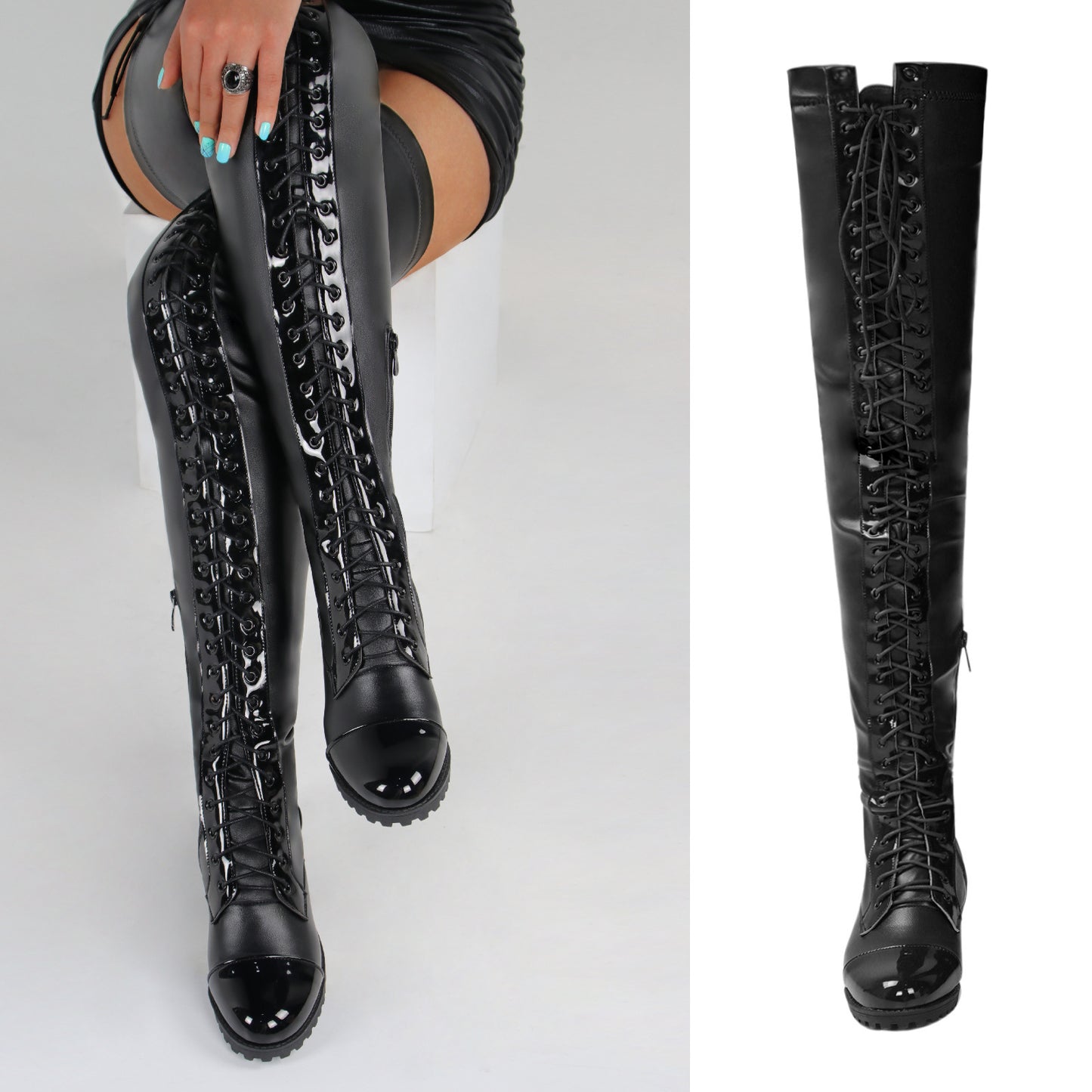 Lace-up Side Zip Low Heel Over The Knee Stockings Leather Women's Boots