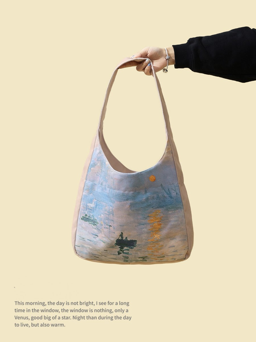 Oil Painting Sunrise Impression Shoulder Bag Large Capacity Canvas Bag