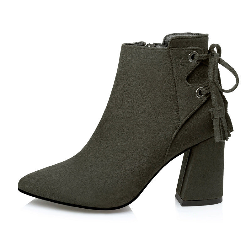 Europe And The United States Nightclub Pointed Bow Lace-up Suede Boots