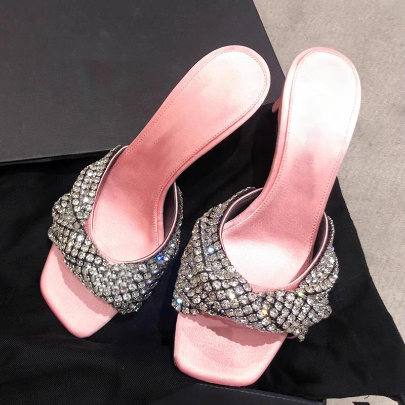 Sandalias de tacón de aguja con punta abierta y lazo de diamantes de imitación, sandalias de estilo romano sexis a la moda que combinan con todo