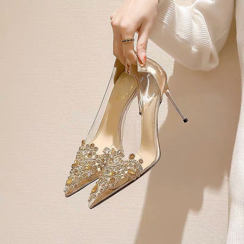 PVC Transparent High Heel Pointed Toe Rhinestone Champagne Wedding Shoes