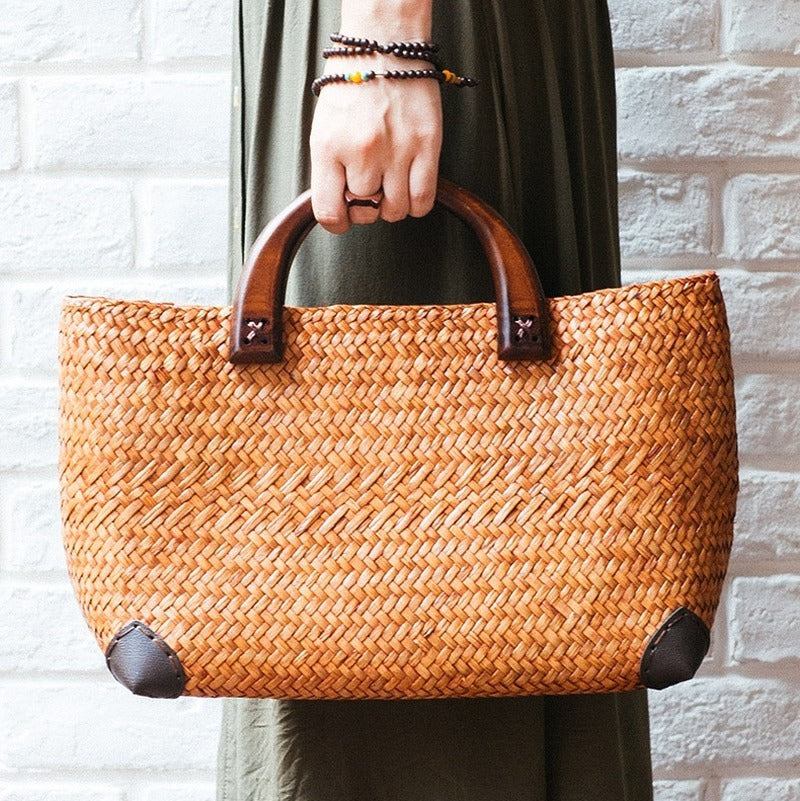 Bolso de mano de mujer, estilo retro, con almacenamiento, de paja de ratán, para viaje