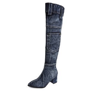 New Pointed Mid Heel Denim Over Knee Boots