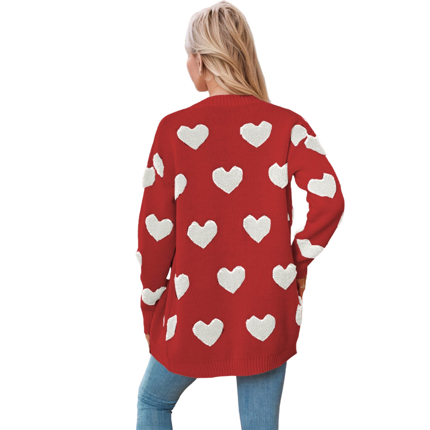 Heart Knitted Cardigan V-neck Buttons Mid-length Coat For Women