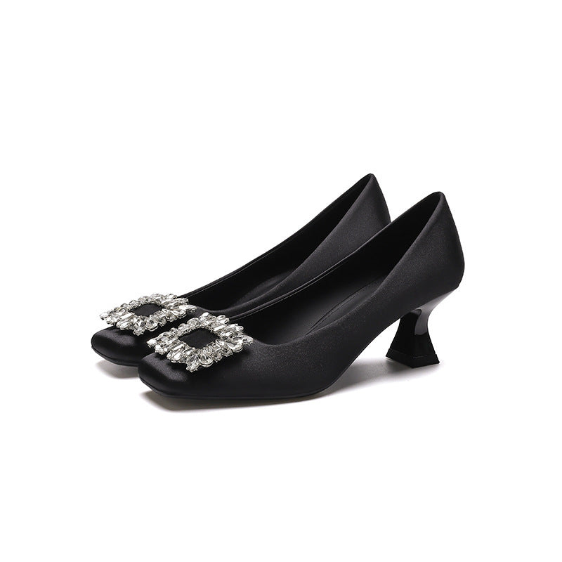 Square Toe Stiletto Heel Low-cut Rhinestone Square Buckle Classy Shoes