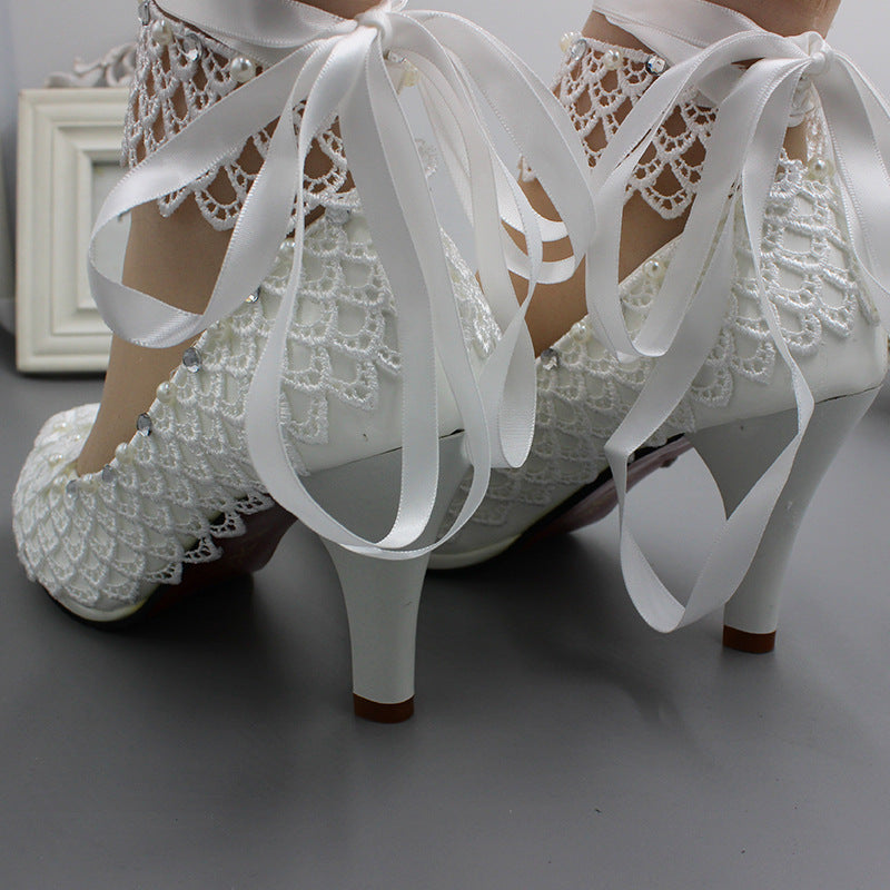 Lace-up White Wedding Dress Plus Size High Heel Women's Shoes