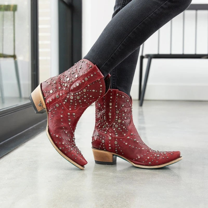 New European And American Ladies Ankle Boots Low-cut Rivet Pointed Toe Red Thick Heel Women's Boots