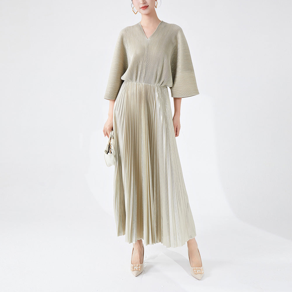 Robe à col en V pour femme - Robe tendance plissée en bronzage