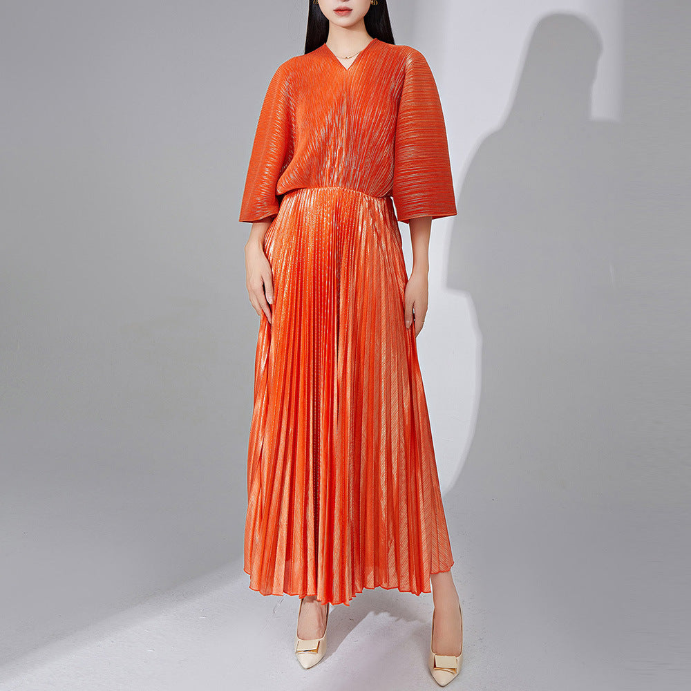 Robe à col en V pour femme - Robe tendance plissée en bronzage