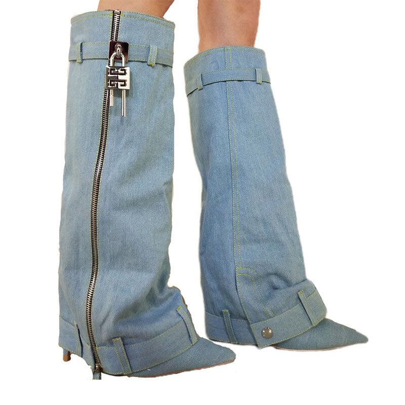 Pointed Female Fashion Metal Buckle Flanging Zipper Casual High Leg Boot