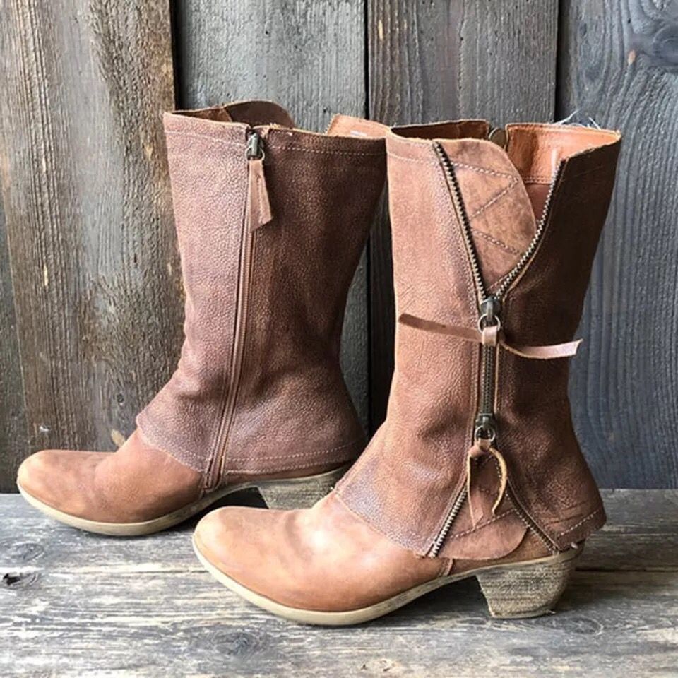 Botas de cuero hasta media pantorrilla con cremallera lateral informales de moda para mujer