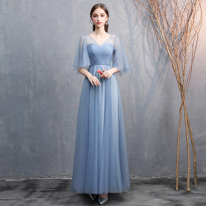 Robe de banquet à épaules dénudées gris-bleu pour femme