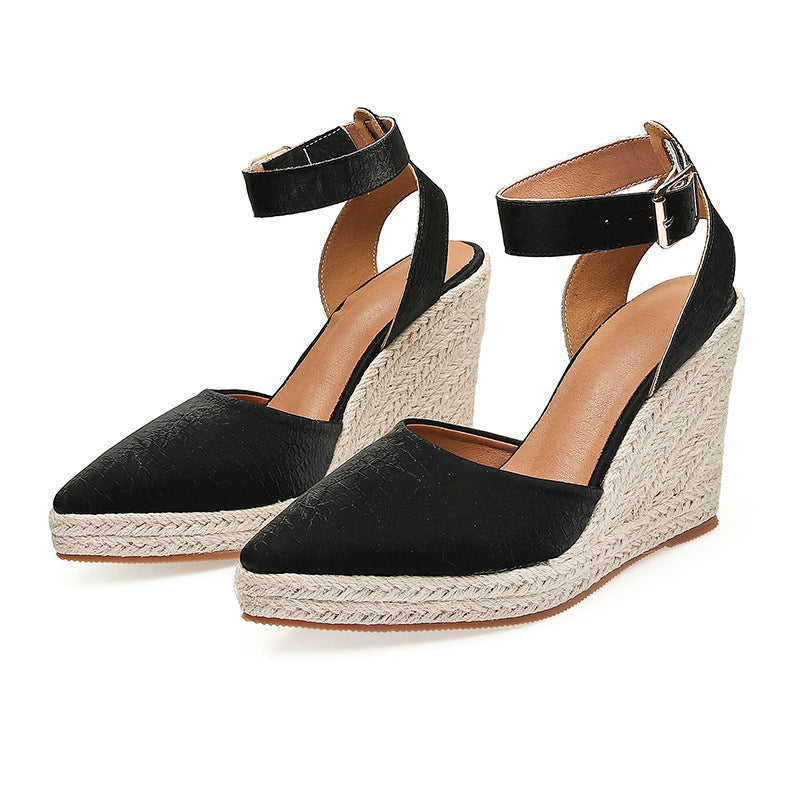 Women's Straw Woven Wedge Platform High Heel Pointed Sandals