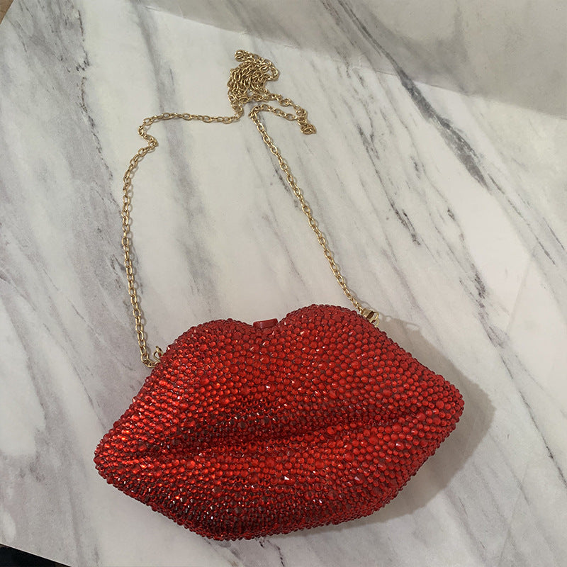 Bolso de mano para cena con cadena de labios de acrílico con diamantes incrustados y diamantes de imitación