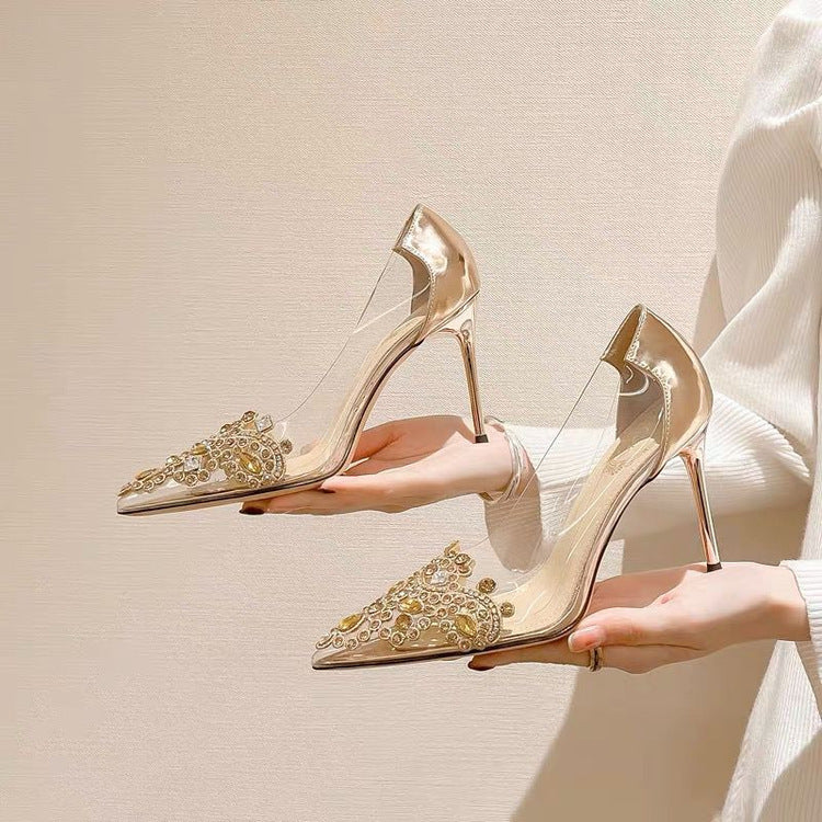 PVC Transparent High Heel Pointed Toe Rhinestone Champagne Wedding Shoes