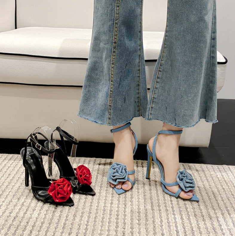 New Women's Shoes Pointed Toe Rhinestone Flower Strap Stiletto Heel Sandals