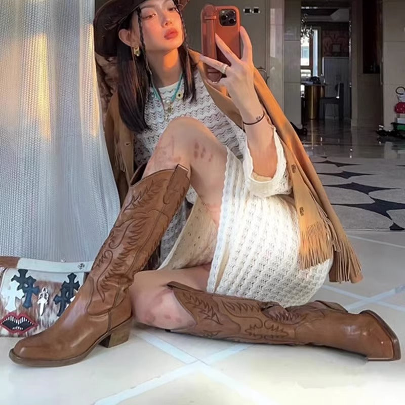 Botas vaqueras estilo western con tacón grueso y punta cuadrada estilo retro para mujer