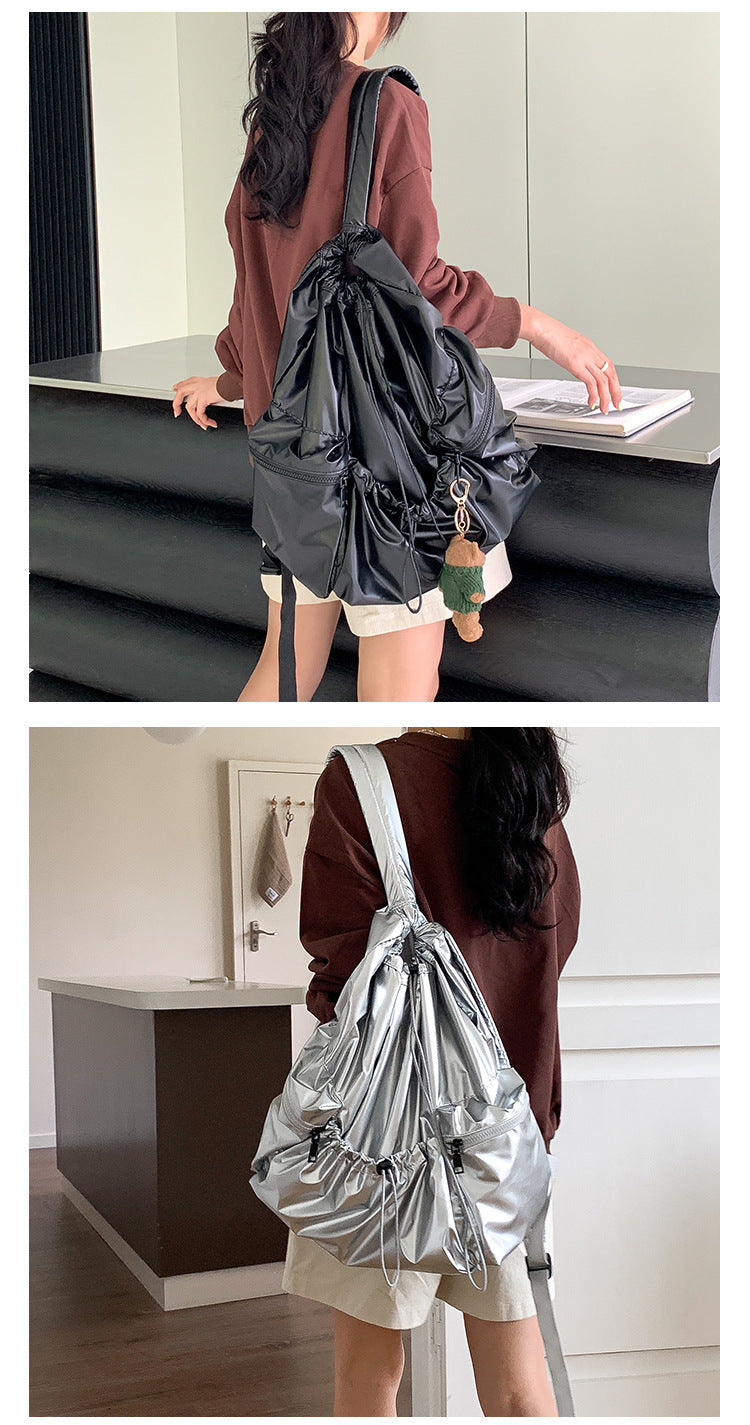 Women's Silver Lightweight Drawstring Ruffle Travel Backpack