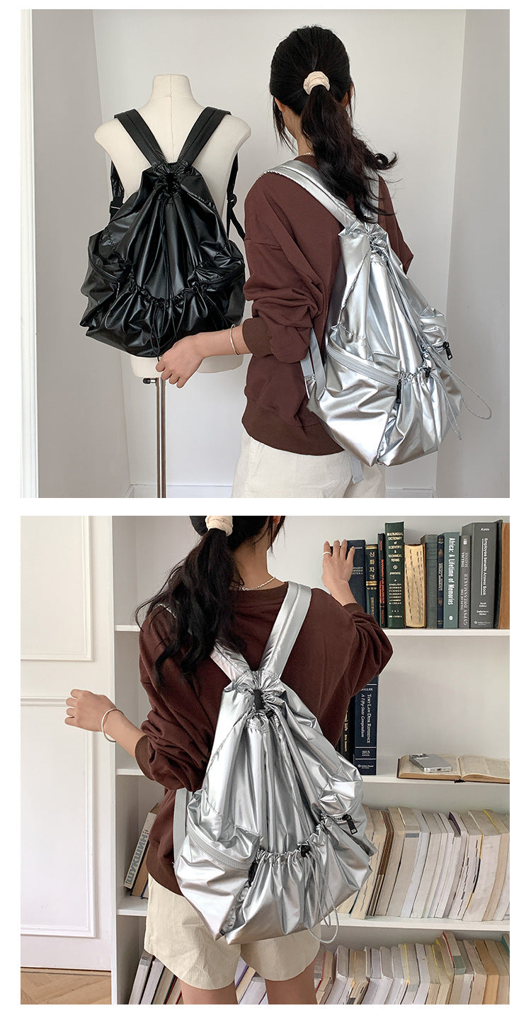 Women's Silver Lightweight Drawstring Ruffle Travel Backpack