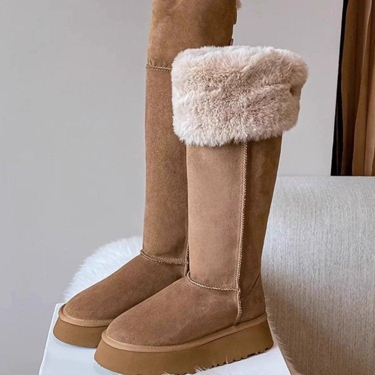 Botas largas de nieve de invierno para mujer con plataforma gruesa y forro polar de algodón por debajo de la rodilla