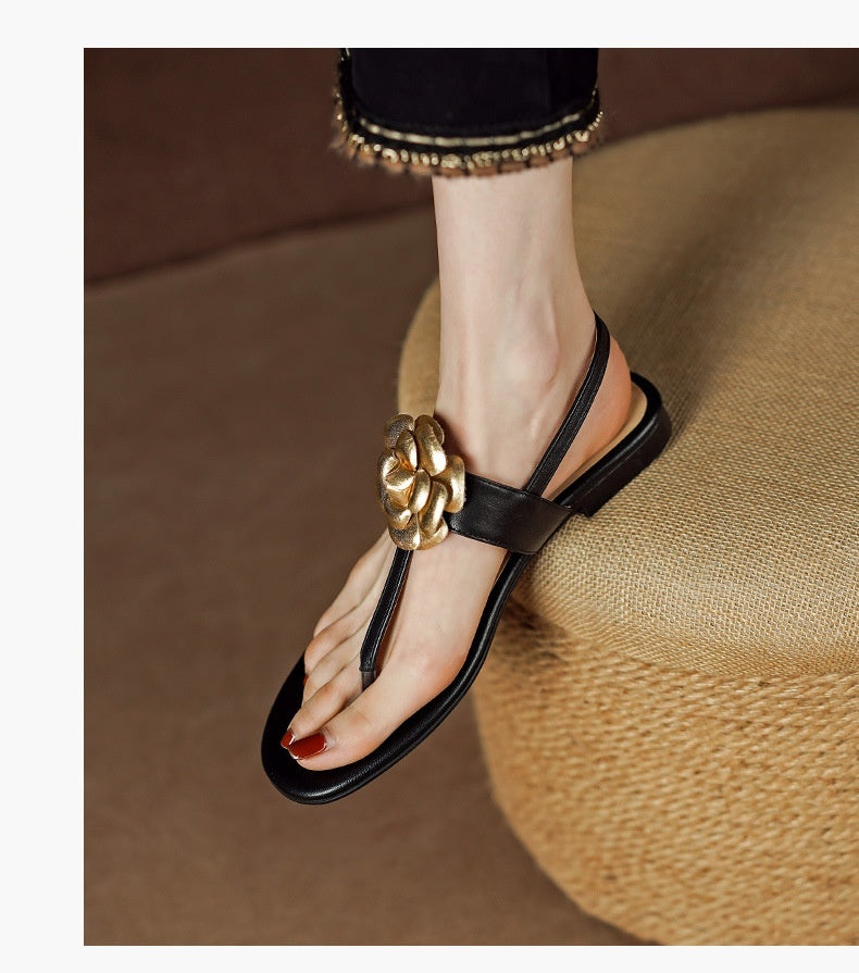 Sheepskin Preppy Style Flip-toe Flat With Flower Open Toe Women's Sandals