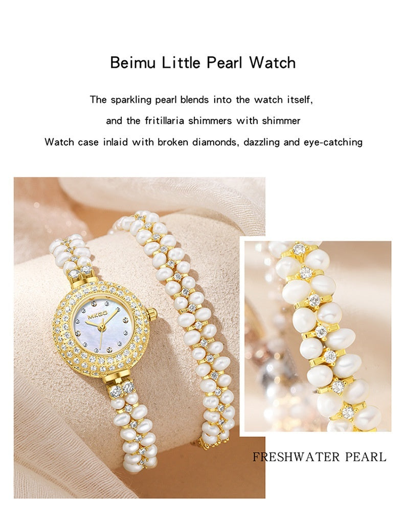 Reloj de perlas de agua dulce, joyería de moda de lujo asequible, lleno de diamantes para damas