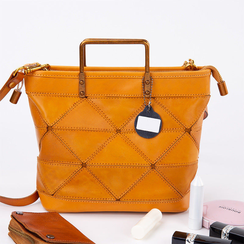 All-match Geometric Stitched Cowhide Women's Bag Work Commute Literary Handbag