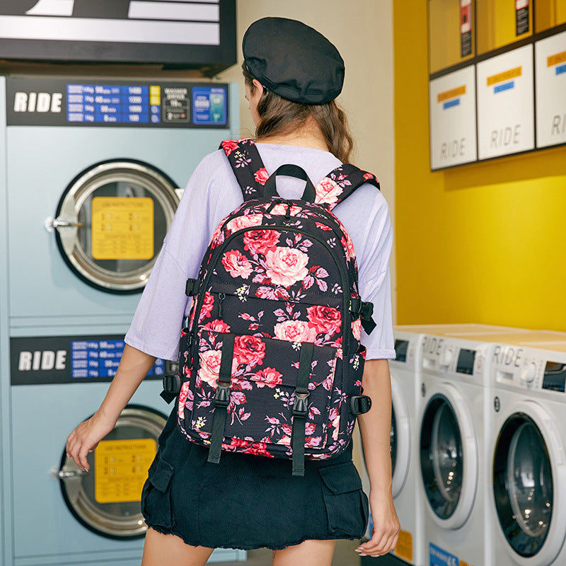 Mochila multifuncional con diseño de flores y transferencia térmica para mujer