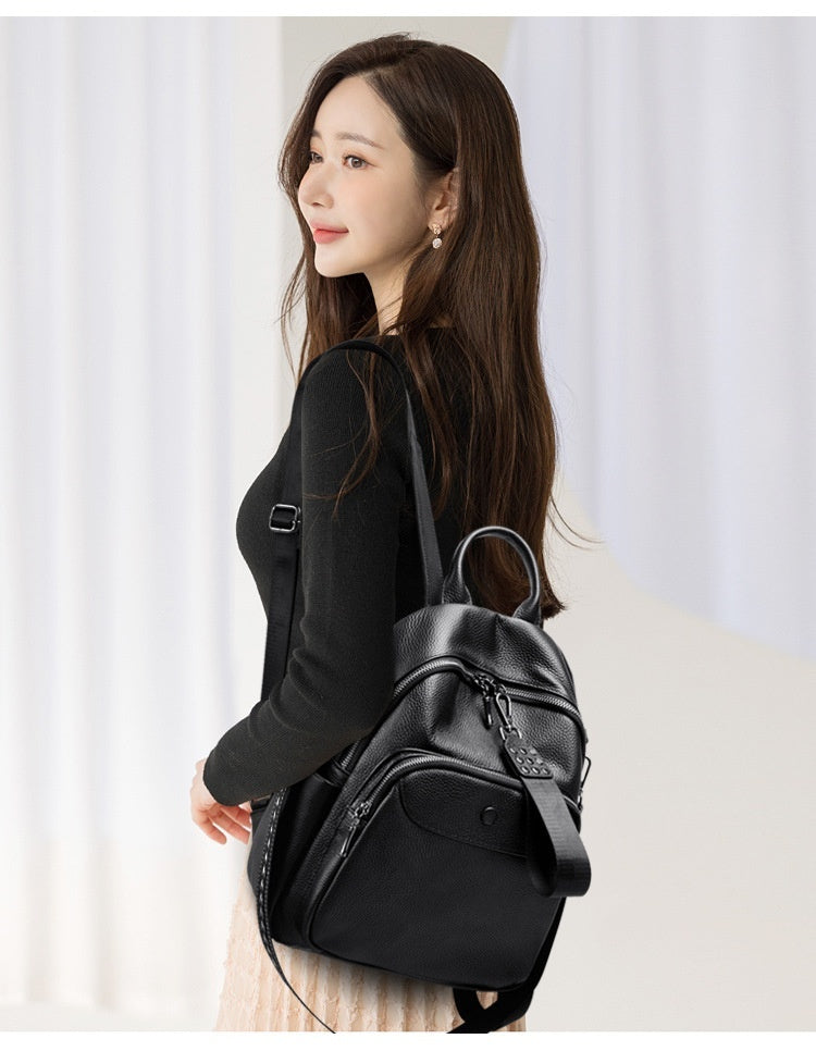 Korean Style Fashionable Large Capacity Preppy Style First Layer Cowhide Travel Backpack