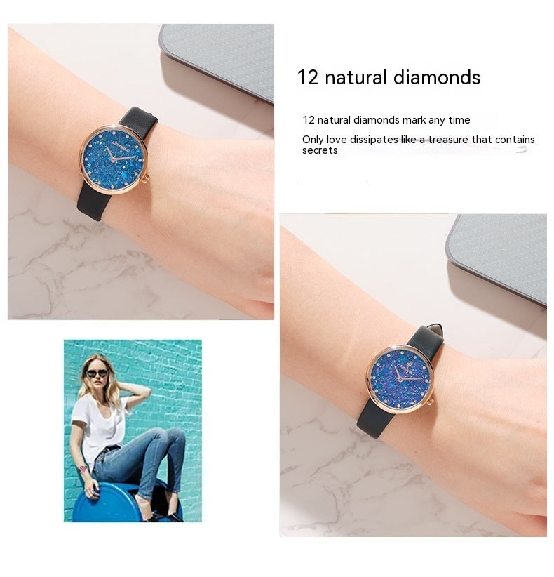 Montre pour femme saphir simple et naturelle avec petit diamant