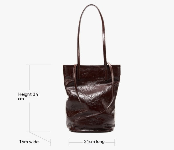 First Layer Pleated Cowhide Lazy Bucket Bag