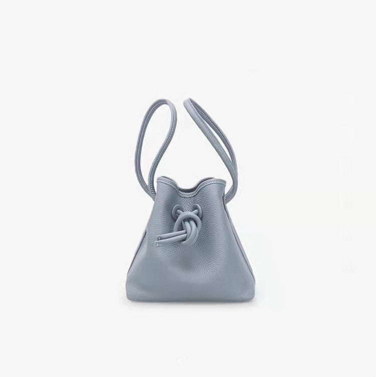 Niche Lychee Grain Top Layer Cowhide Bucket Bag With Drawstring