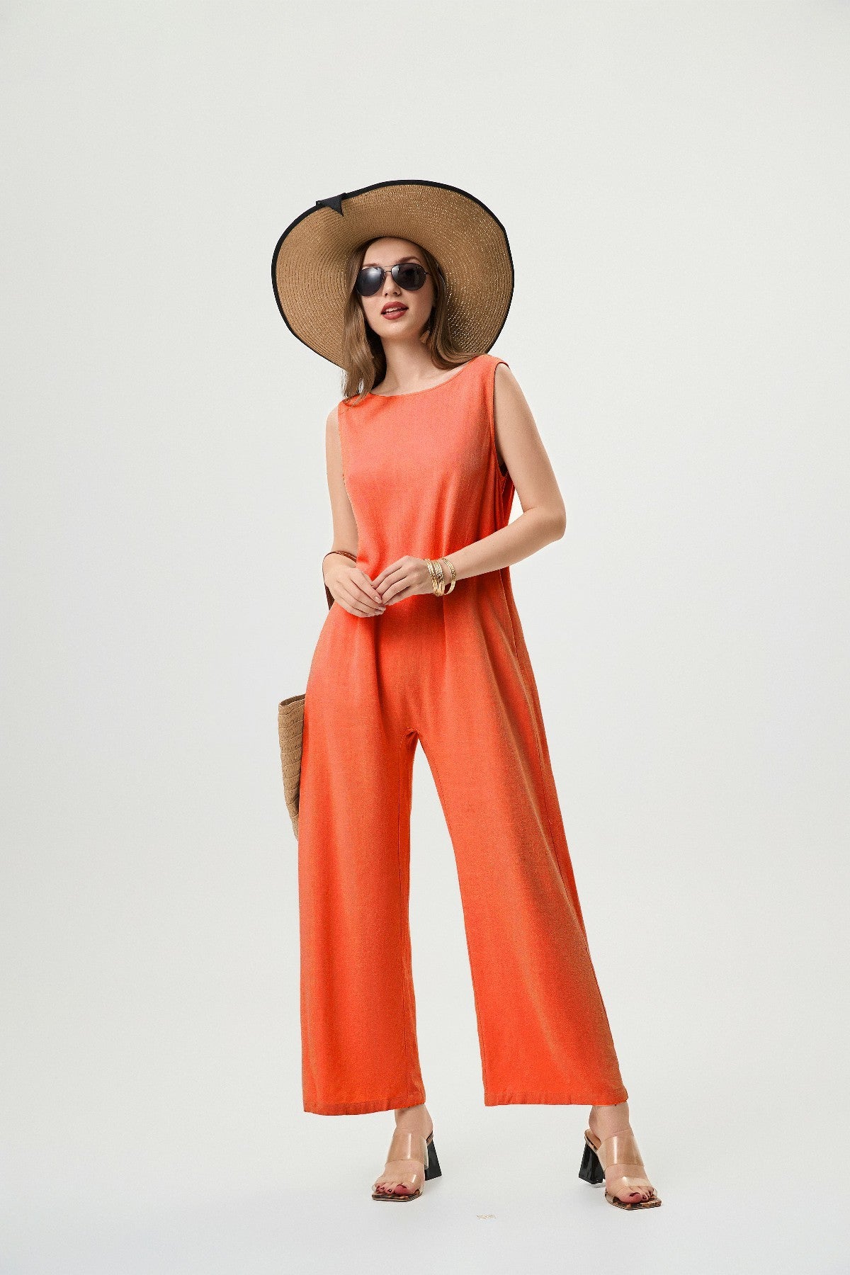 Women's Linen Jumpsuit - Comfortable And Breathable, Elastic Back With Classic H-Line Design And Pockets, Available In Black Apricot And Orange Red