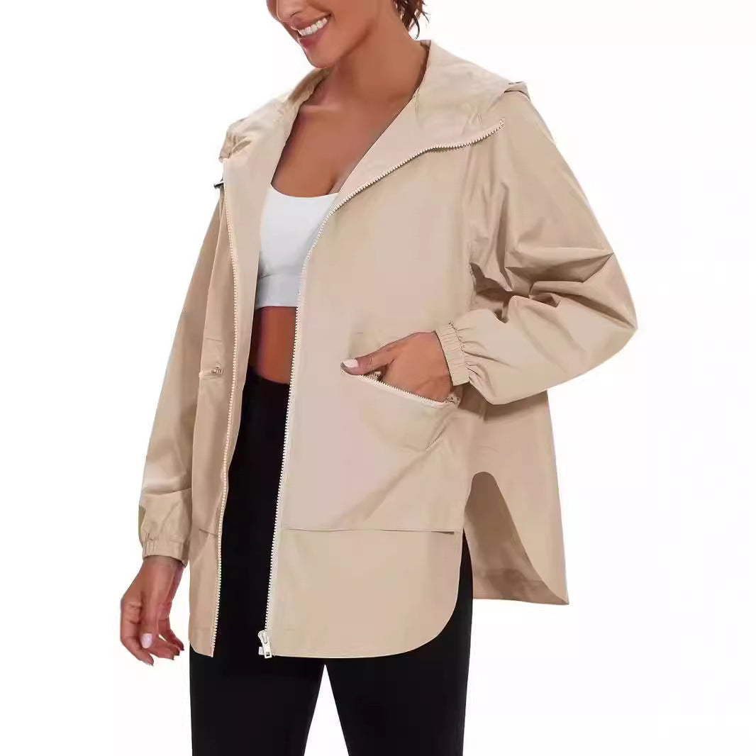 Women's Long Sleeve Zipper Hooded Jacket Trench Coat Casual Jacket