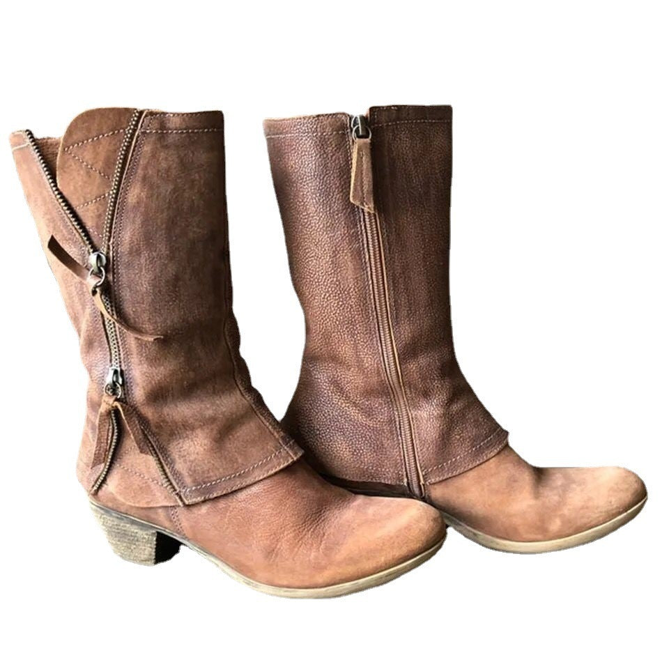 Botas de cuero hasta media pantorrilla con cremallera lateral informales de moda para mujer