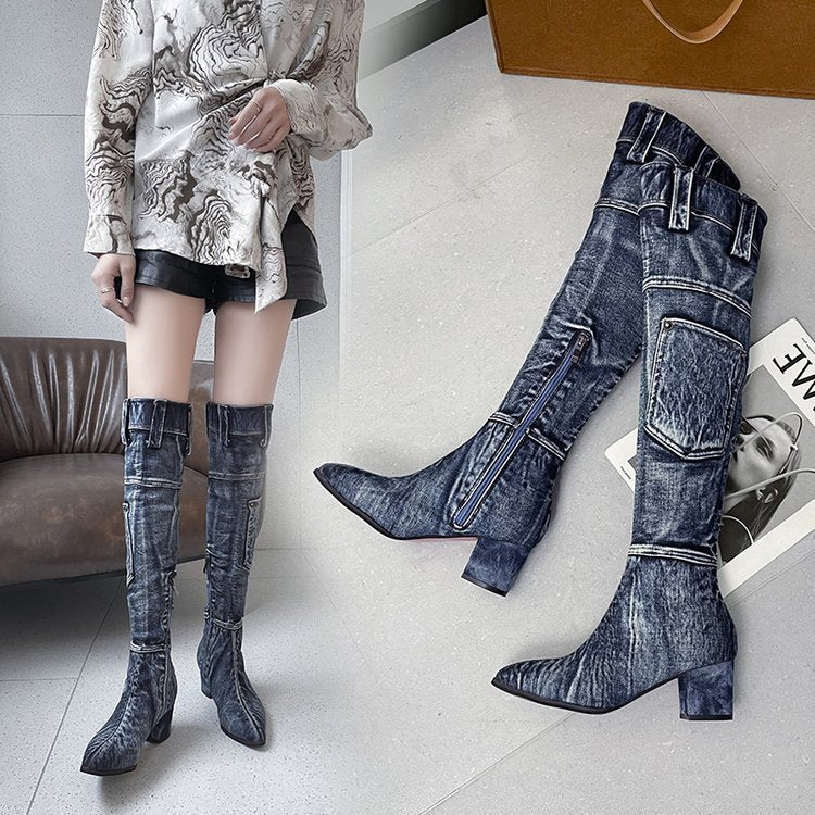 New Pointed Mid Heel Denim Over Knee Boots