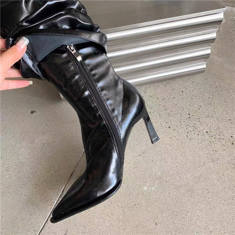 Patent Leather Pointed Toe Pantyhose Boots Stiletto High