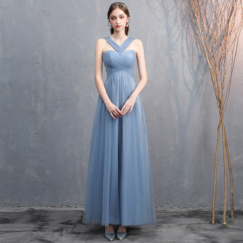 Robe de banquet à épaules dénudées gris-bleu pour femme